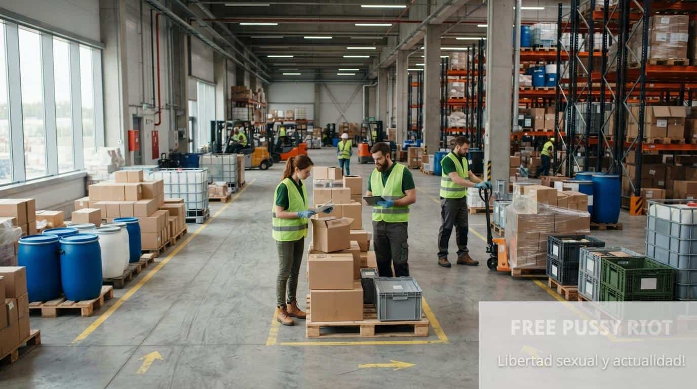 Equipo revisando la gestión de envases industriales en un almacén